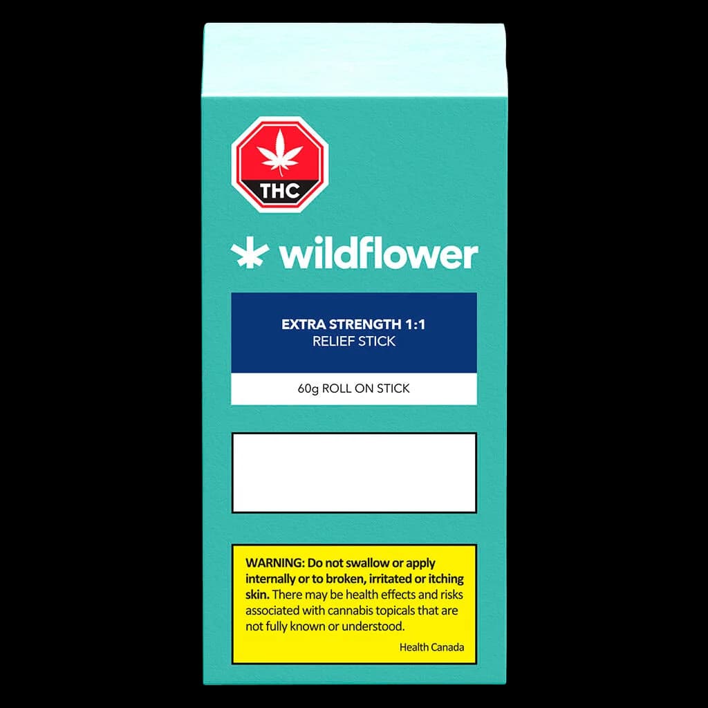 Wildflower Extra Strength 1:1 Relief Stick, 60g roll-on topical with THC warning symbol and Health Canada warning label on turquoise packaging