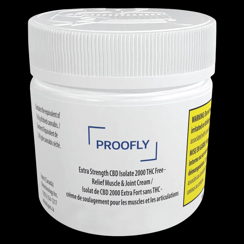 PROOFLY Extra Strength CBD Isolate 2000 THC Free Relief Muscle & Joint Cream in white jar with child-resistant cap