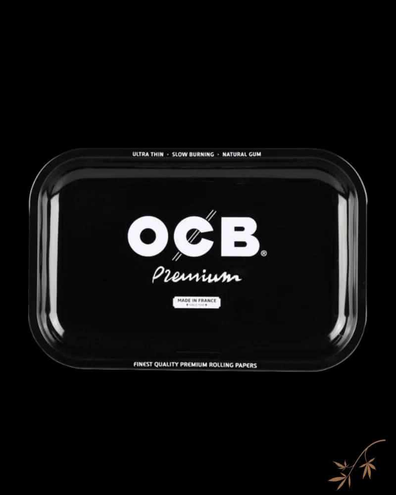OCB Premium rolling tray, black with white logo, ultra-thin slow-burning natural gum design, made in France