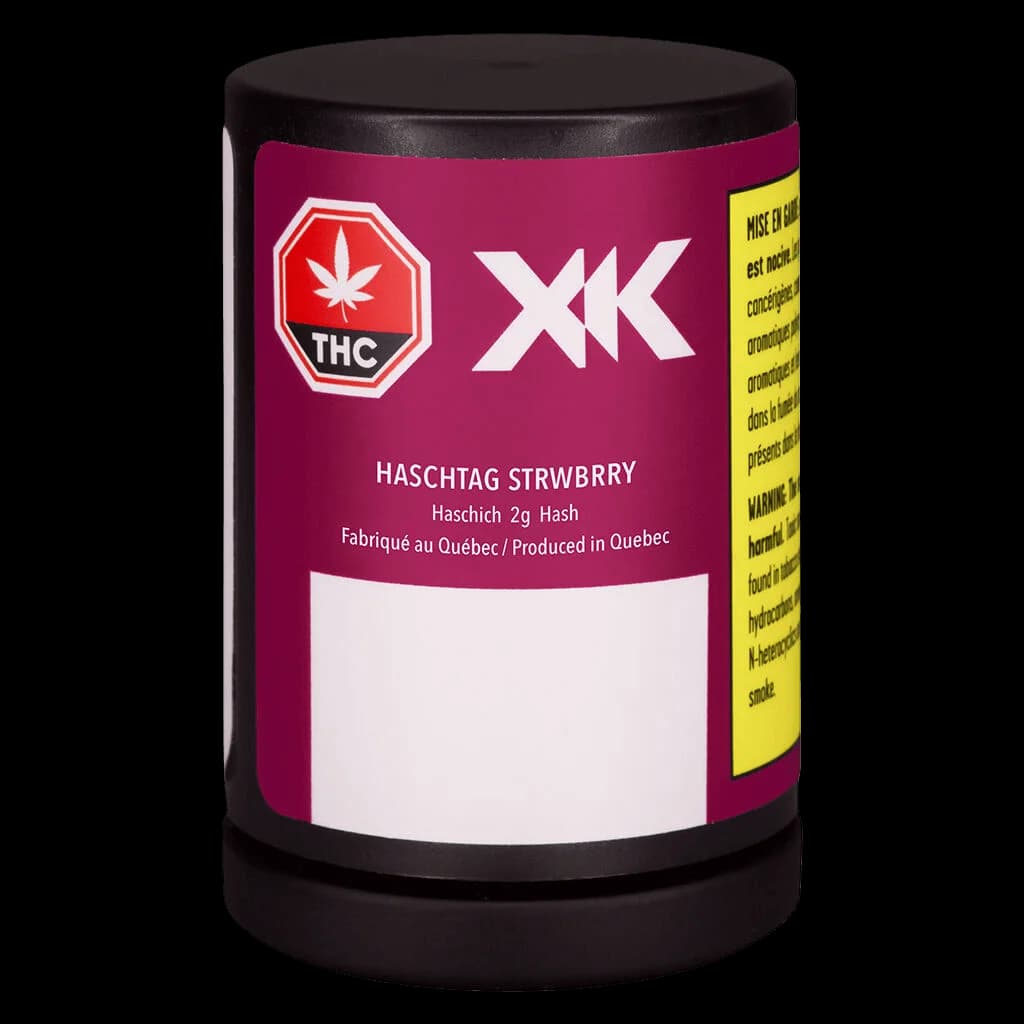 XK Haschtag Strawberry 2g cannabis hash, sealed container with magenta and black packaging