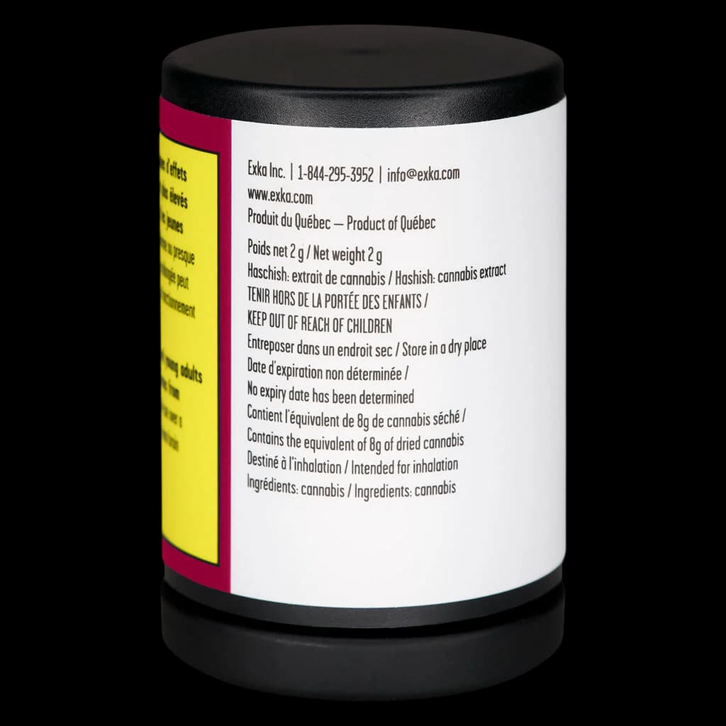 Exka Inc. hashish container, 2g net weight, cannabis extract product from Quebec