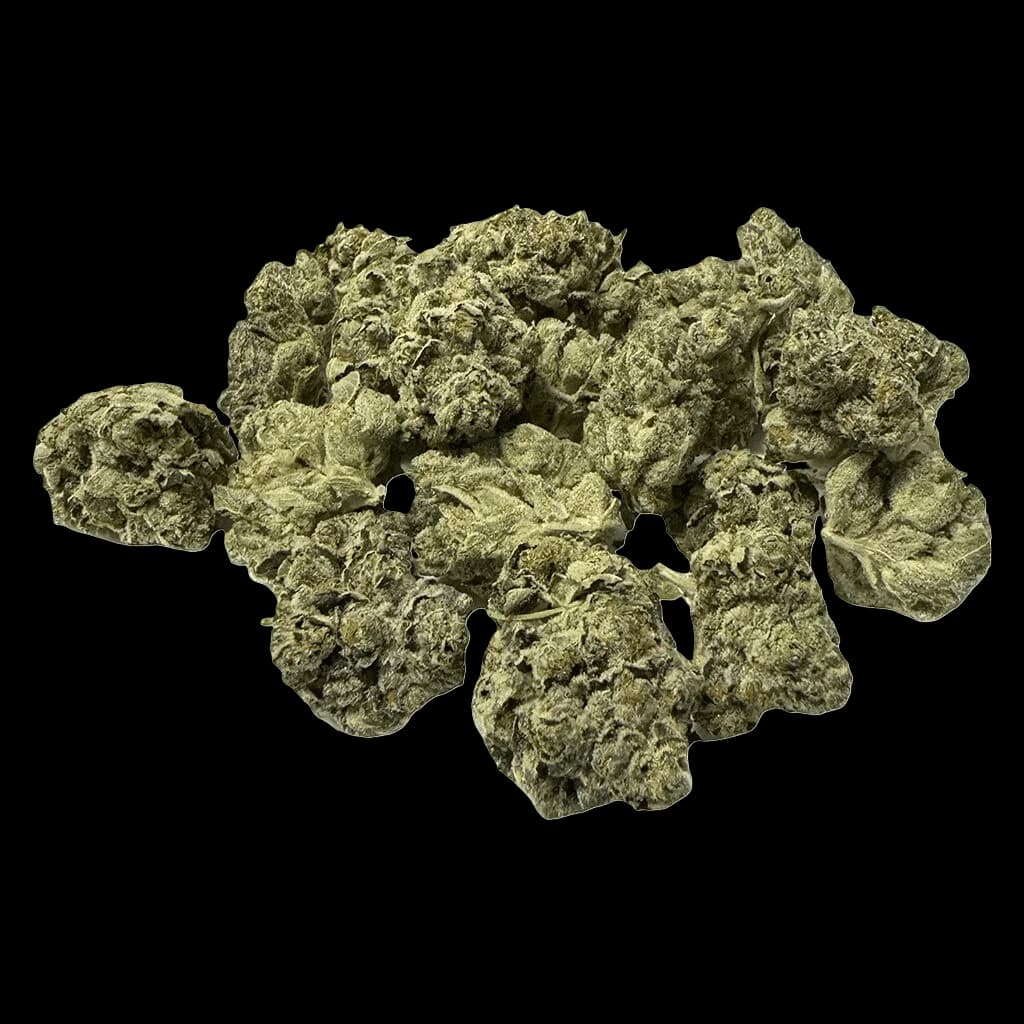 Buckshot Buds Duck Hunter Smalls cannabis dried flower buds with dense trichomes on white background