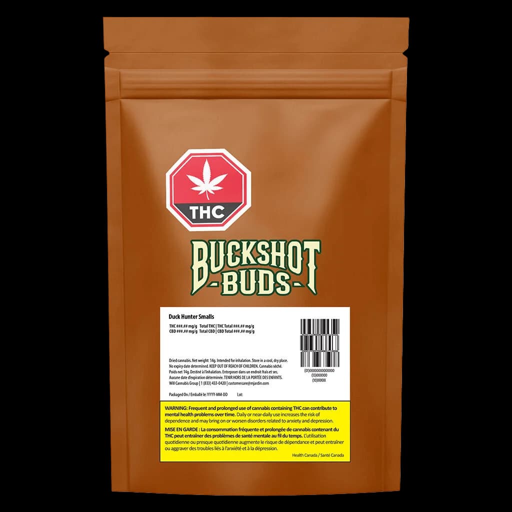 Buckshot Buds Duck Hunter Smalls cannabis dried flower package with THC warning symbol and Health Canada label on brown kraft pouch
