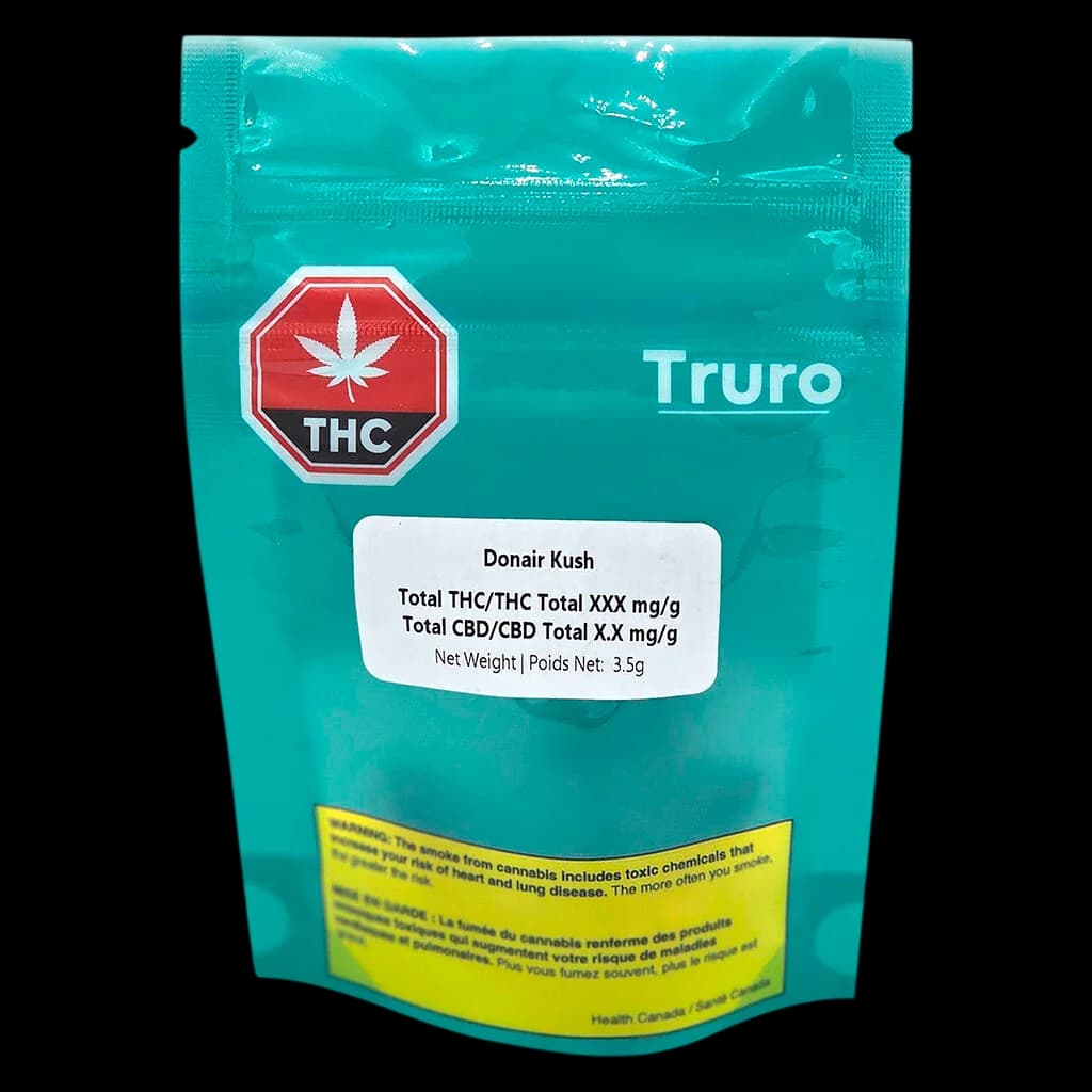 Truro Donair Kush 3.5g dried flower cannabis in turquoise resealable pouch with red THC badge