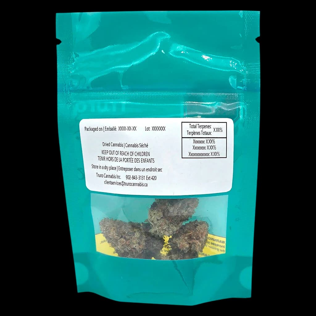 Truro Donair Kush dried cannabis flower in turquoise pouch with product visible through window