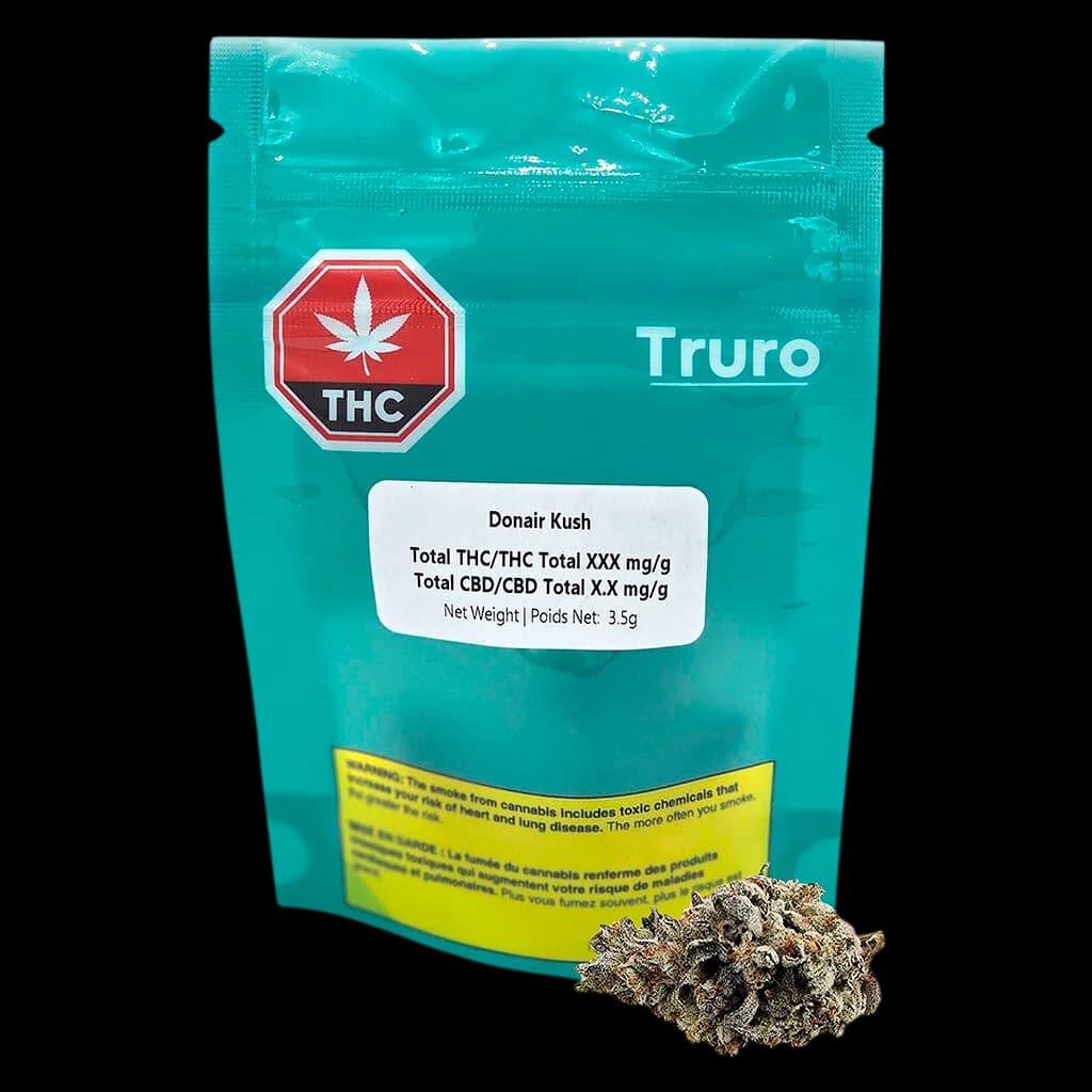 Truro Donair Kush 3.5g dried flower cannabis with visible buds displayed in front of turquoise packaging
