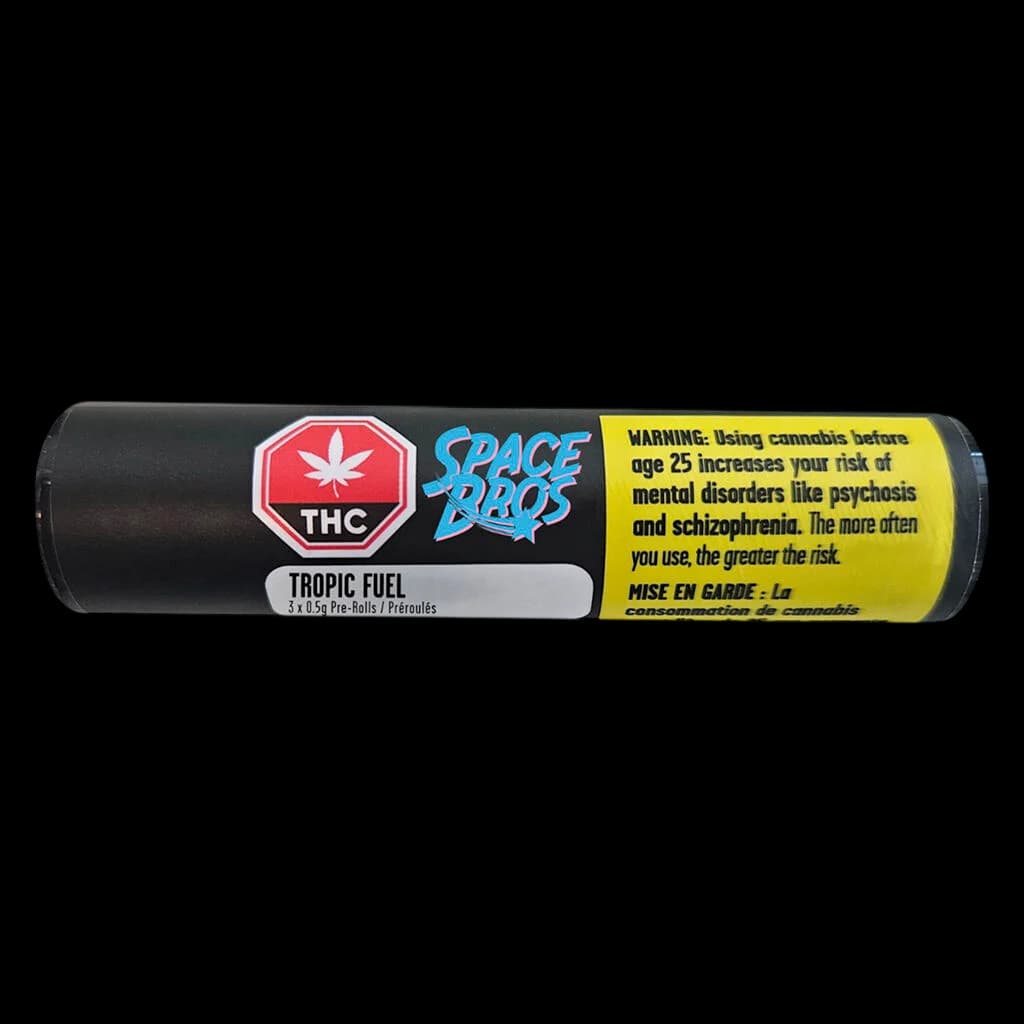 Space Bros Tropic Fuel 3 x 0.5g pre-rolls in black tube packaging with red THC logo and yellow warning label