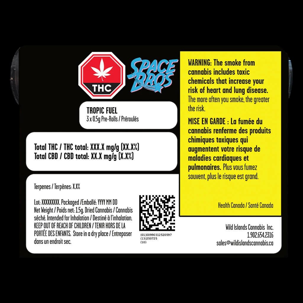Space Bros Tropic Fuel 3 x 0.5g pre-rolls package front with THC warning symbol and Health Canada warning label