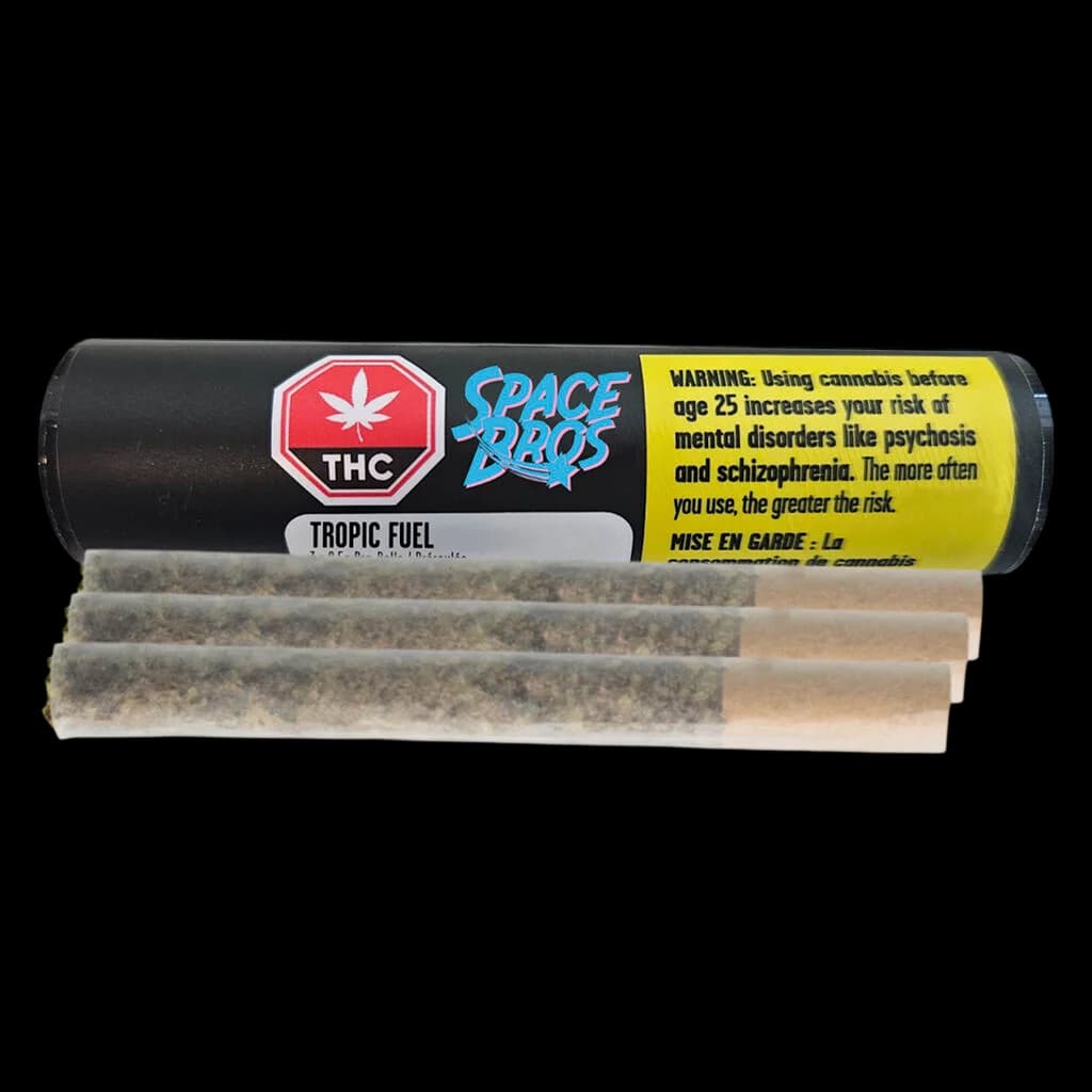 Space Bros Tropic Fuel pre-roll pack with three cannabis pre-rolls displayed in front of black packaging tube