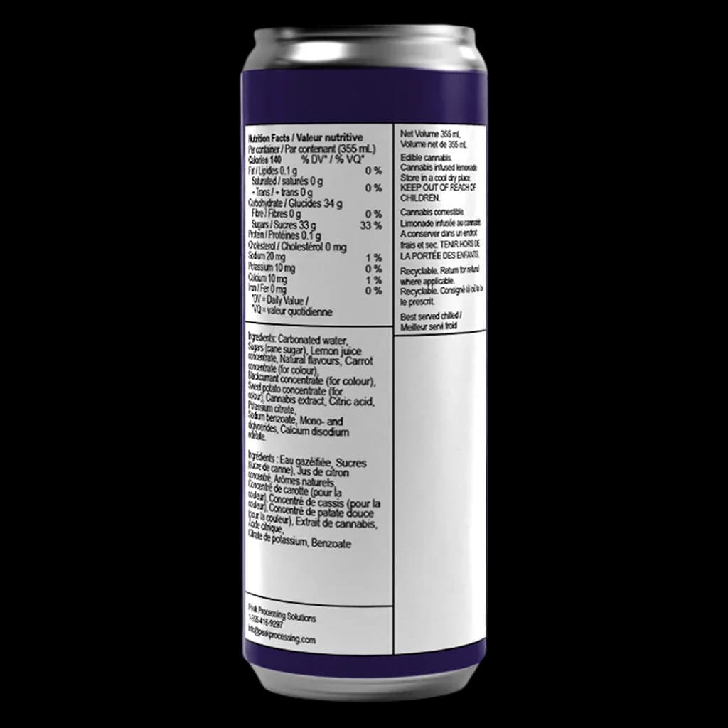 Ray's Blackberry Rosin Lemonade with CBG 355mL can showing nutrition facts and cannabis extract ingredients on rear label