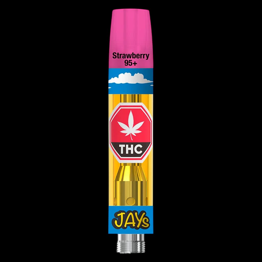JAYS Strawberry 95+ cannabis vape cartridge with gold chamber and red THC badge on packaging