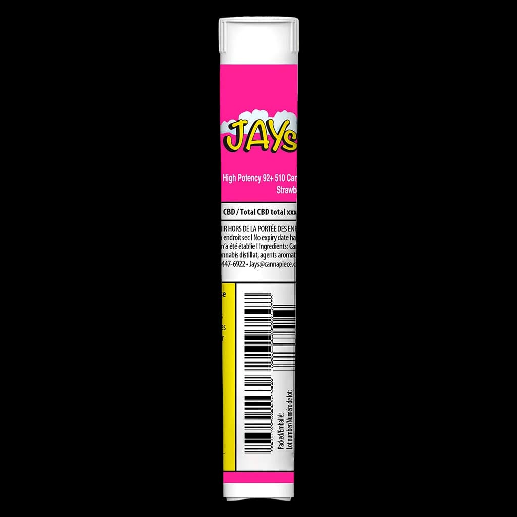 JAYS High Potency 92+ 510 cartridge in Strawberry flavour with pink and yellow packaging and barcode