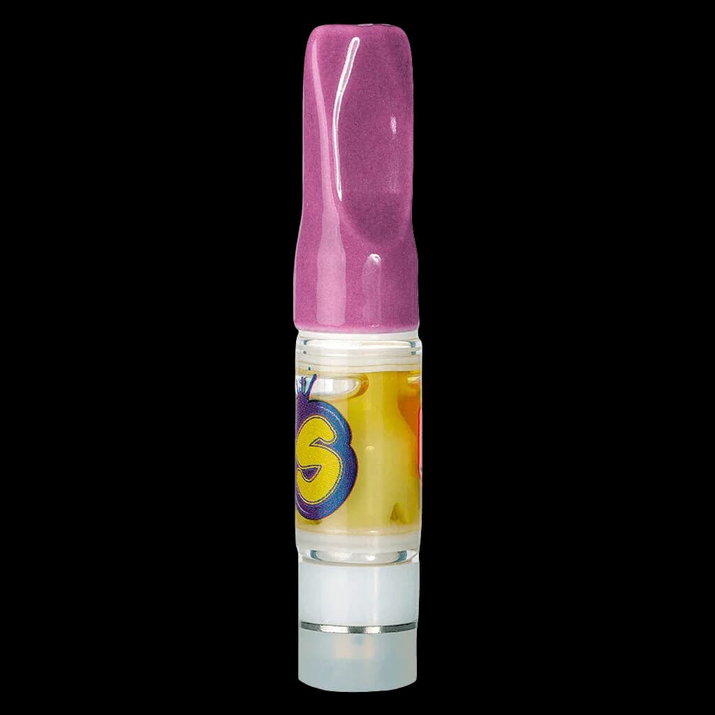 Grease Bucket Live Rosin 510 cannabis vape cartridge with purple mouthpiece and yellow concentrate fill