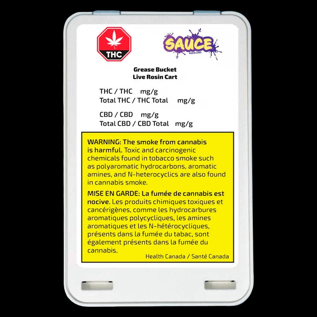 Sauce Rosin Labs Grease Bucket Live Rosin Cart packaging with THC warning symbol and Health Canada warning label