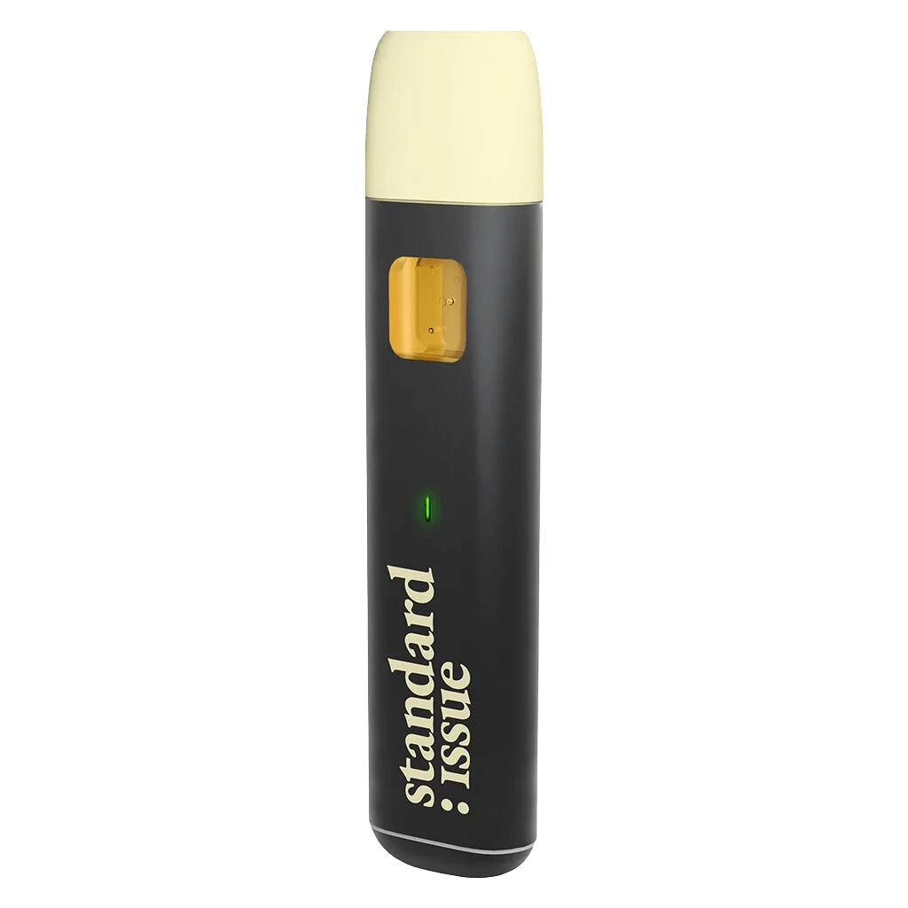 Standard Issue Bing Cherry all-in-one cannabis vape pen with black body, cream cap, and yellow window showing concentrate