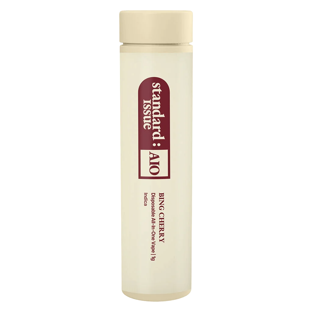 Standard Issue Bing Cherry cannabis vape pen, disposable all-in-one format in cream-colored cylindrical packaging with burgundy label