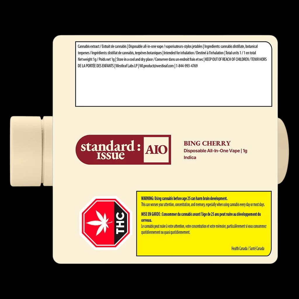 Standard Issue Bing Cherry 1g disposable all-in-one vape cartridge with regulatory warning label and product information