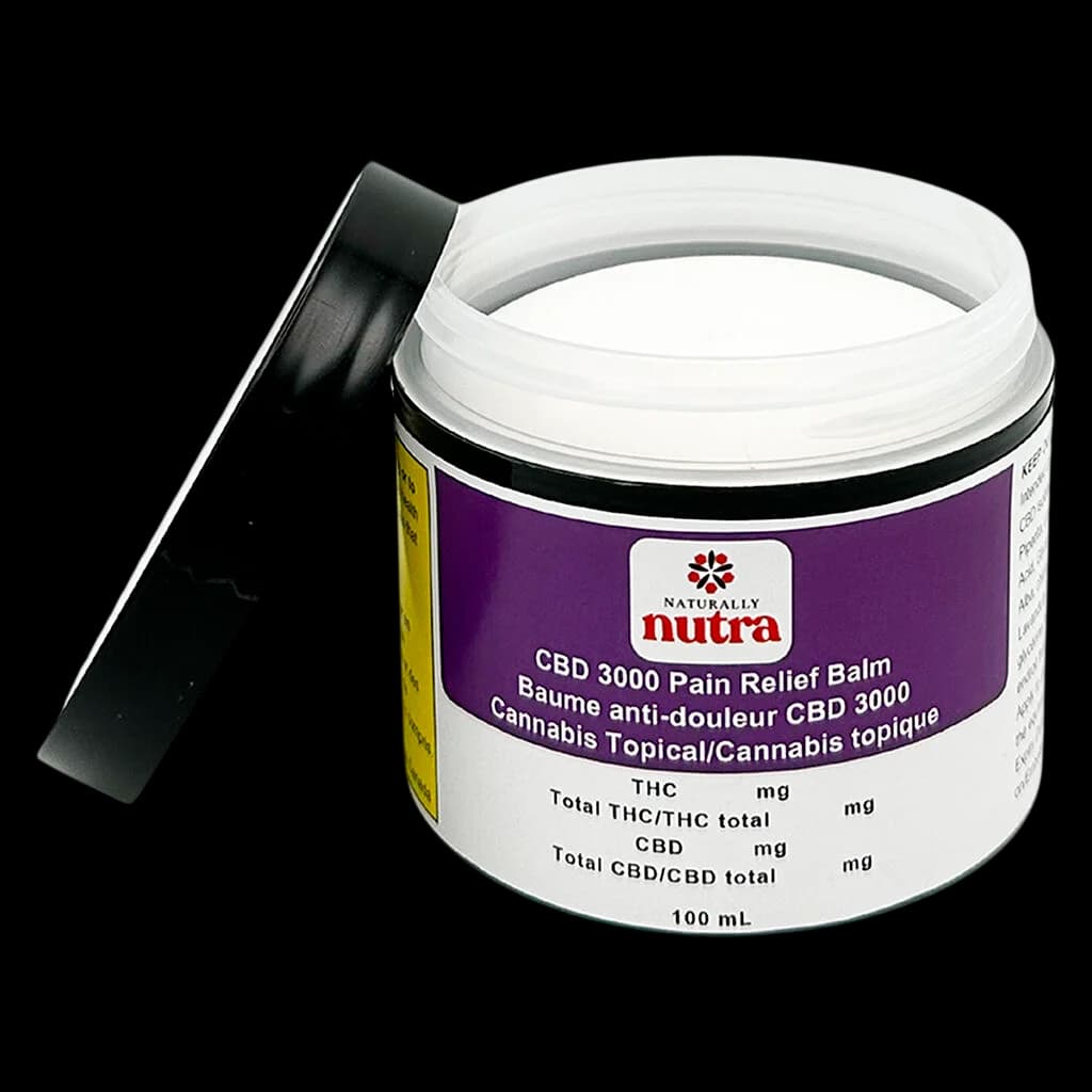 Naturally Nutra CBD 3000 Pain Relief Balm, 100 mL jar with black lid and white interior seal