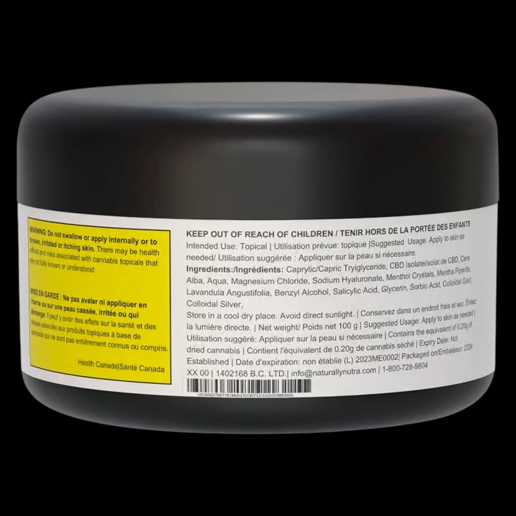 Naturally Nutra CBD 3000 Relief Balm 100g topical cream in black jar with yellow warning label and ingredient list