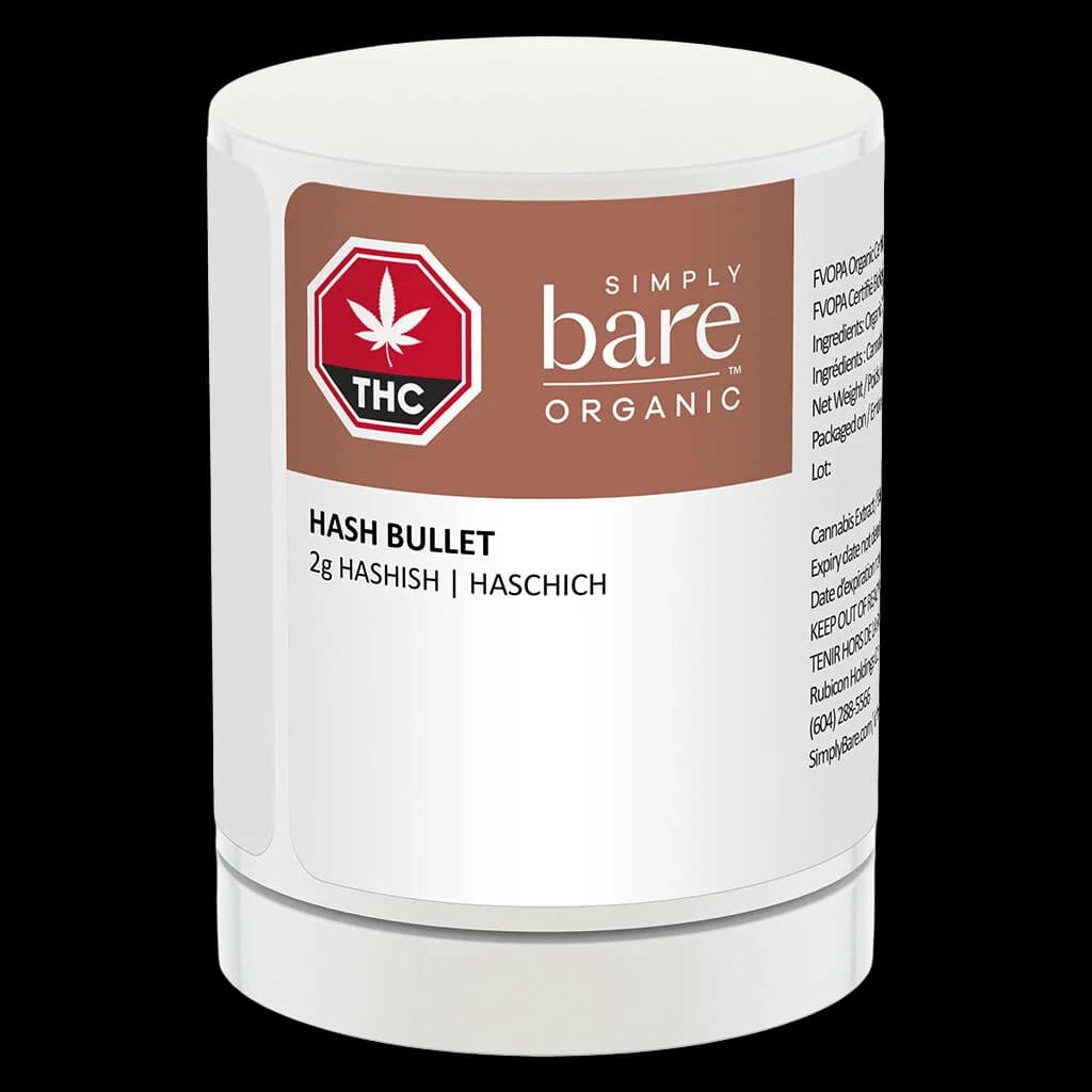 Simply Bare Hash Bullet 2g hashish in white cylindrical container with brown label