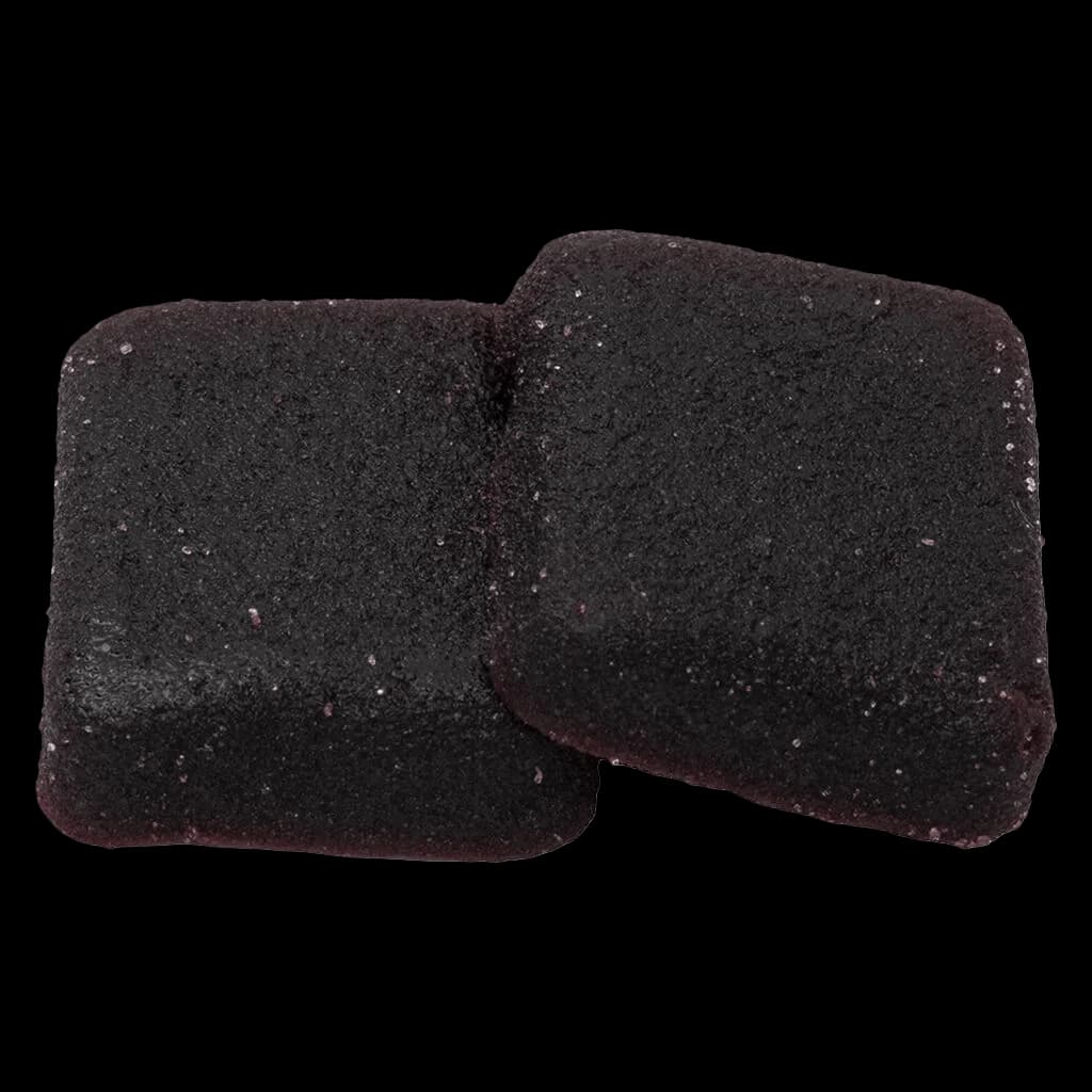 Wyld CBD Real Fruit Elderberry soft chews, 750mg CBD and 150mg CBN, two dark purple pieces with visible fruit pieces