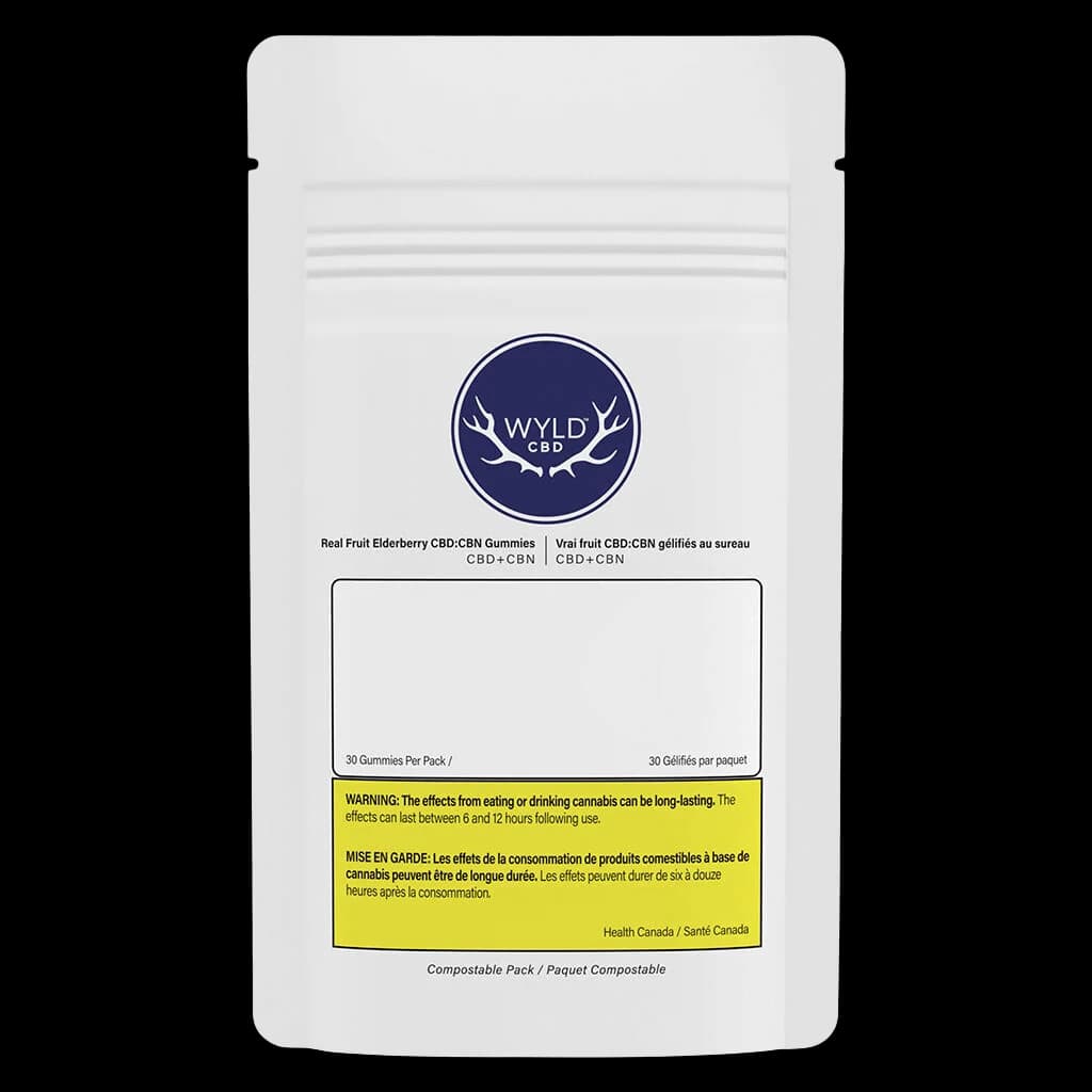Wyld CBD Real Fruit Elderberry CBD:CBN gummies 30-pack pouch with navy logo and Health Canada warning label