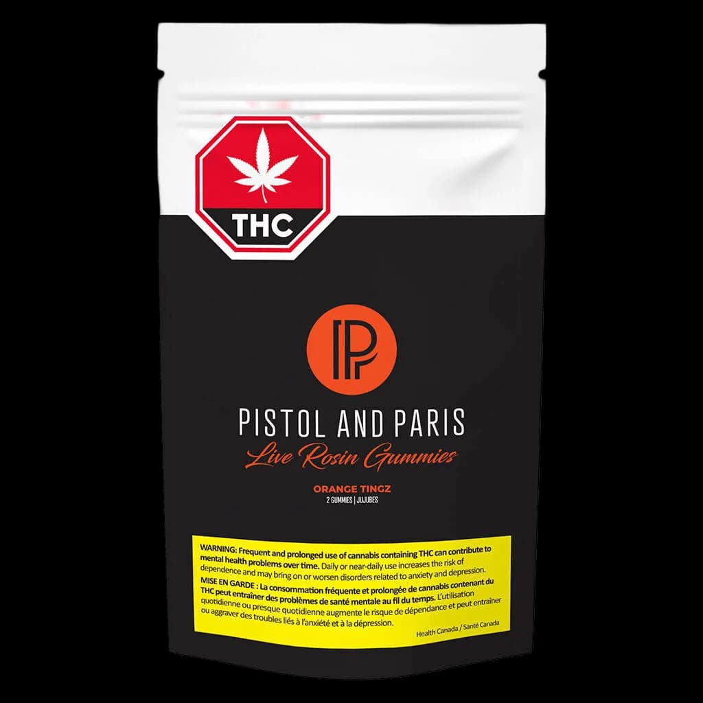 Pistol and Paris Orange Tingz Live Rosin Gummies 2-pack with red THC warning symbol and yellow Health Canada warning label on black pouch