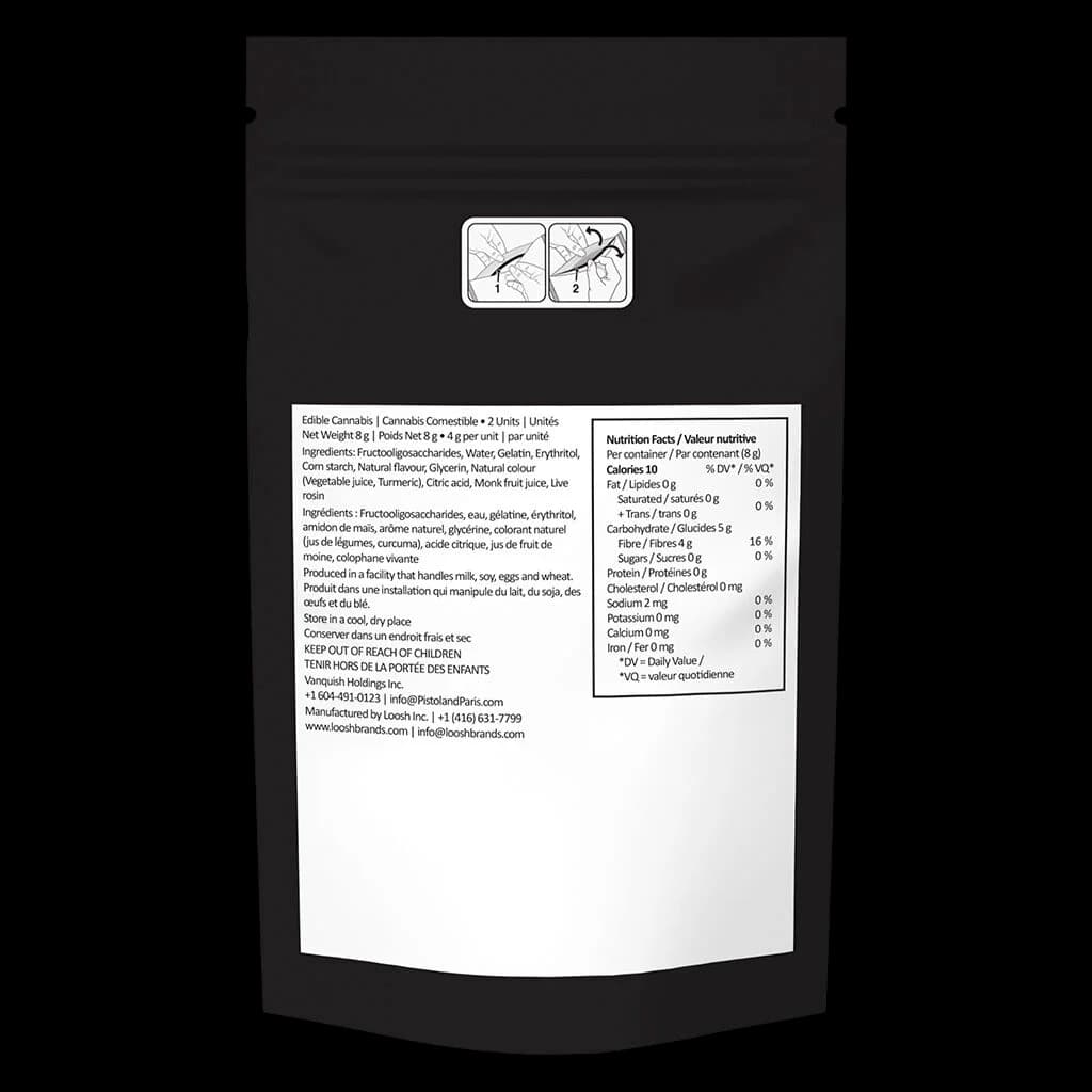 Pistol and Paris Edible Cannabis 2-unit package back label showing ingredients, nutrition facts, and dosage instructions for Orange Tingz Live Rosin gummies