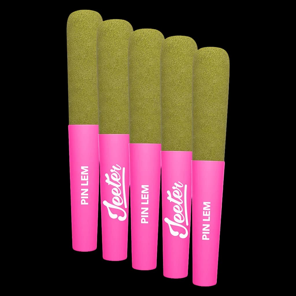 Five Baby Jeeter Infused Pink Lemon pre-rolls with olive-green cannabis flower tips and bright pink tubes branded with white text