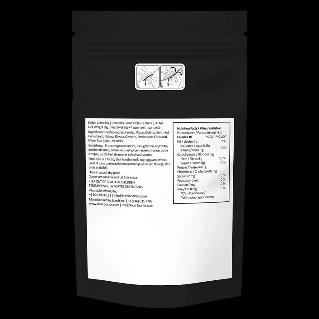 Pistol and Paris Pink Goo Live Rosin Gummies 8g package back label showing nutrition facts, ingredients, and dosage instructions