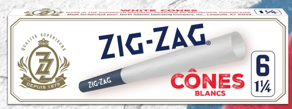 Zig-Zag White Cones 1¼ 6-pack rolling papers with branded packaging