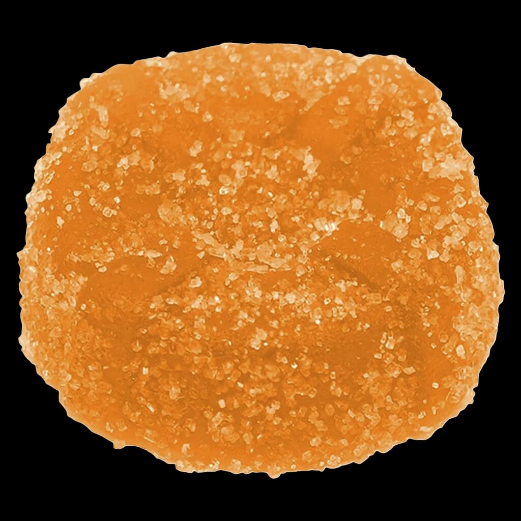 No Future The Orange One Indica THC gummy, orange soft chew with crystalline sugar coating