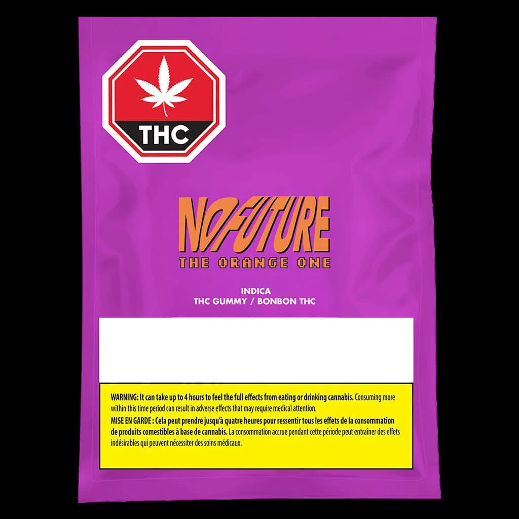 No Future The Orange One Indica THC gummy package with purple background, cannabis leaf logo, and regulatory warning label