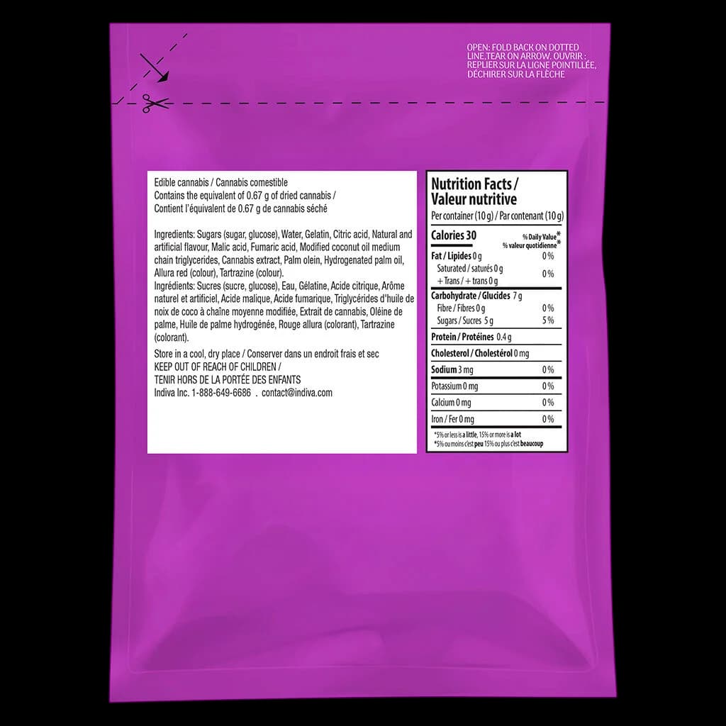 No Future Orange One Indica THC gummy package rear with nutrition facts, ingredients list, and cannabis content of 0.67g dried cannabis equivalent per 10g serving