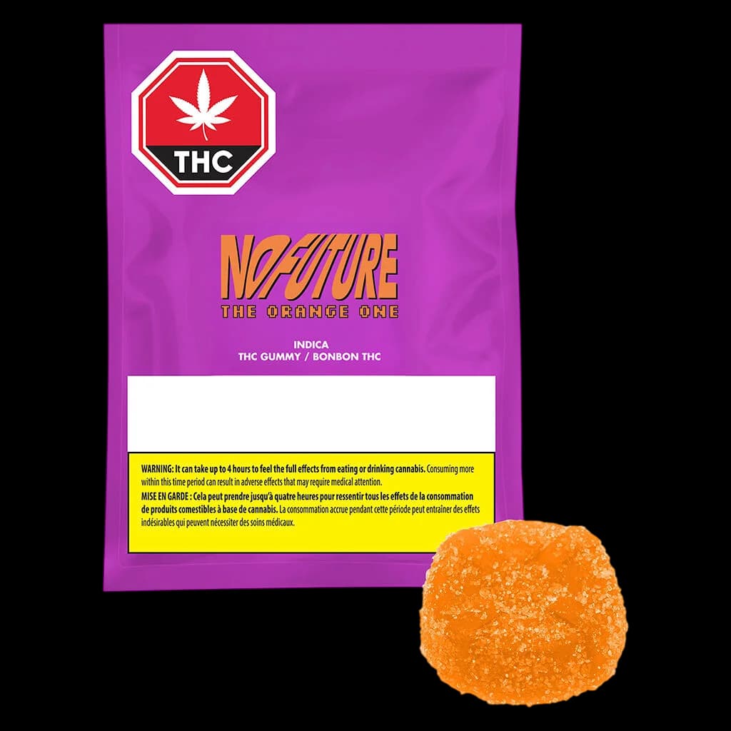 No Future The Orange One Indica THC gummy, orange-colored soft chew displayed beside purple packaging with THC label