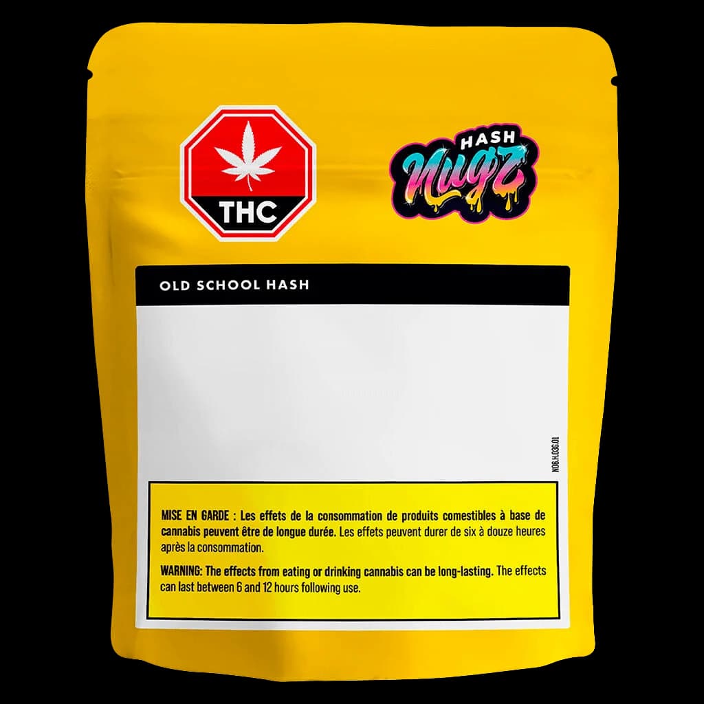 Nugz Hash Old School Hash cannabis concentrate in yellow pouch with red THC warning symbol and consumption warning labels