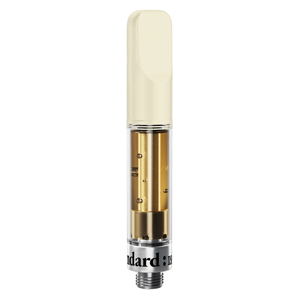 Standard Issue Sour Raspberry 510 thread cannabis vape cartridge with cream mouthpiece and gold heating chamber