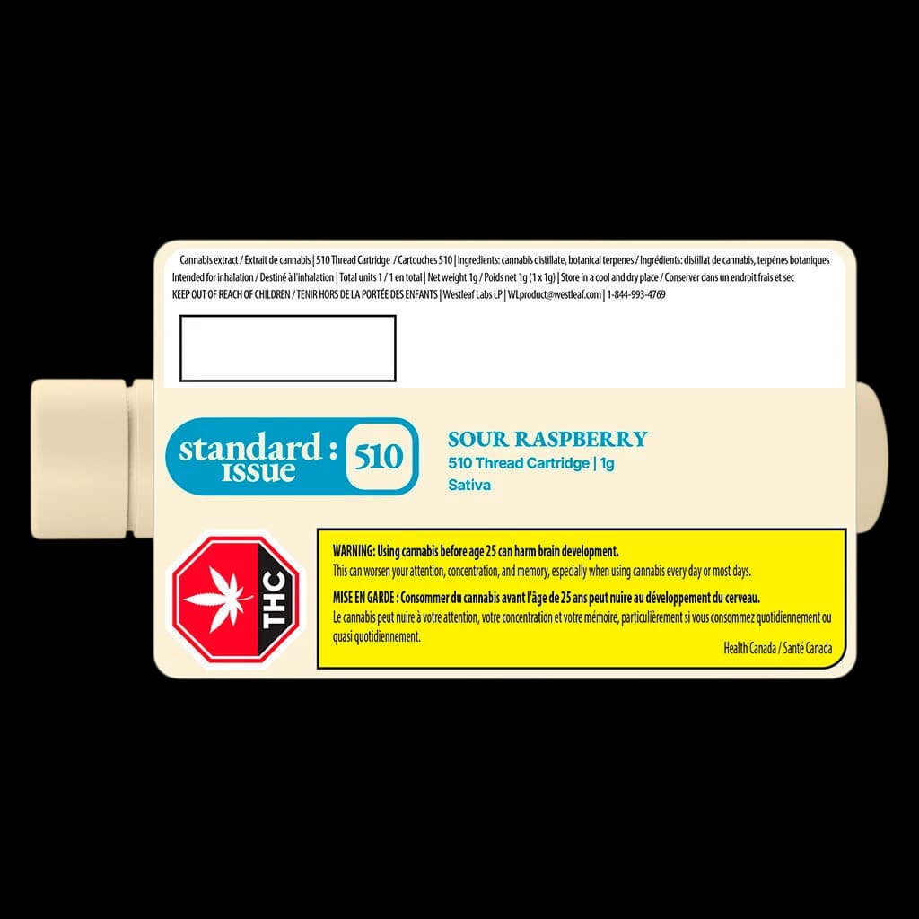 Standard Issue Sour Raspberry 510 Thread Cartridge 1g, Sativa cannabis vape cartridge with packaging showing health warnings