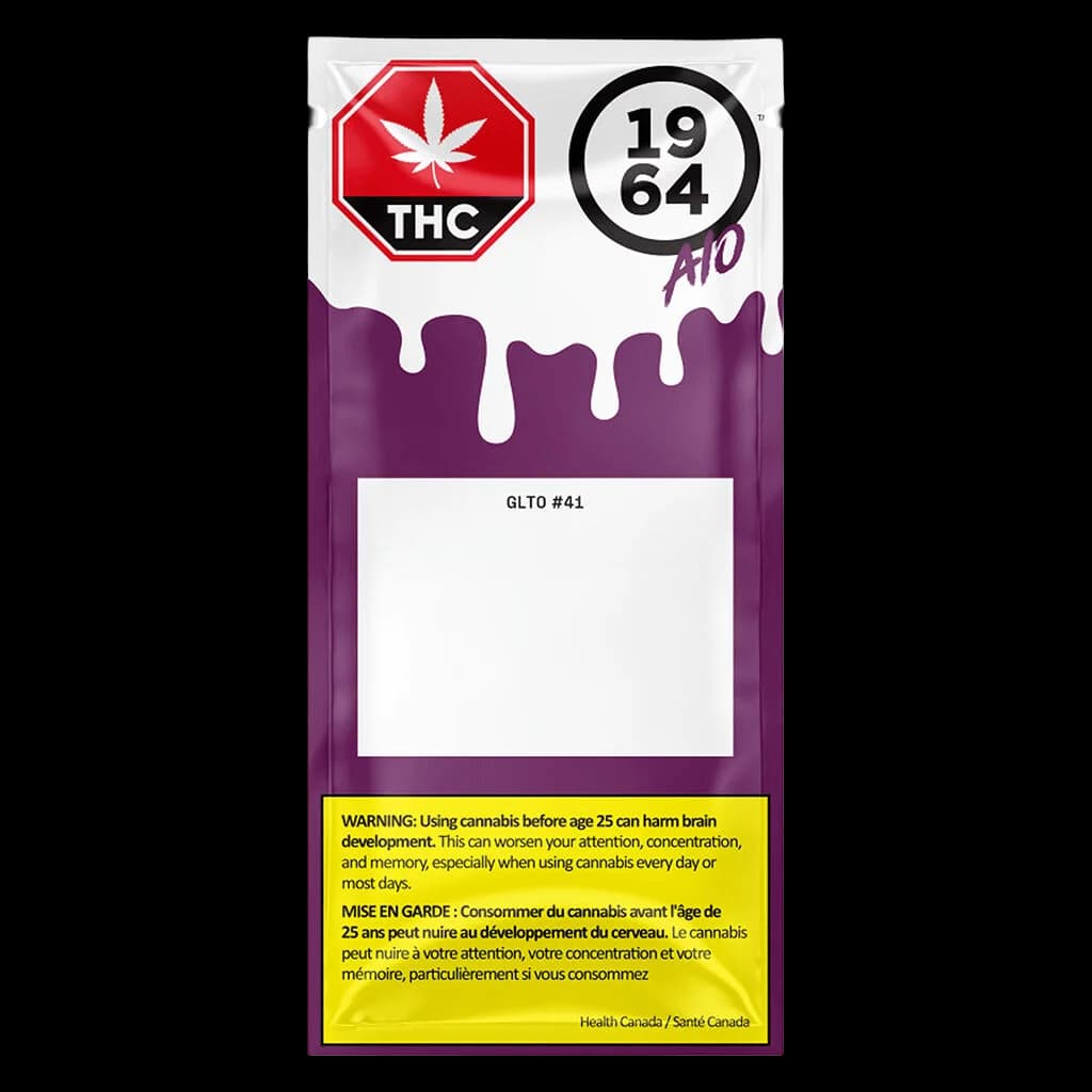 1964 GLTO #41 FSE Resin AIO cannabis vape cartridge with 19:64 THC ratio badge on purple packaging