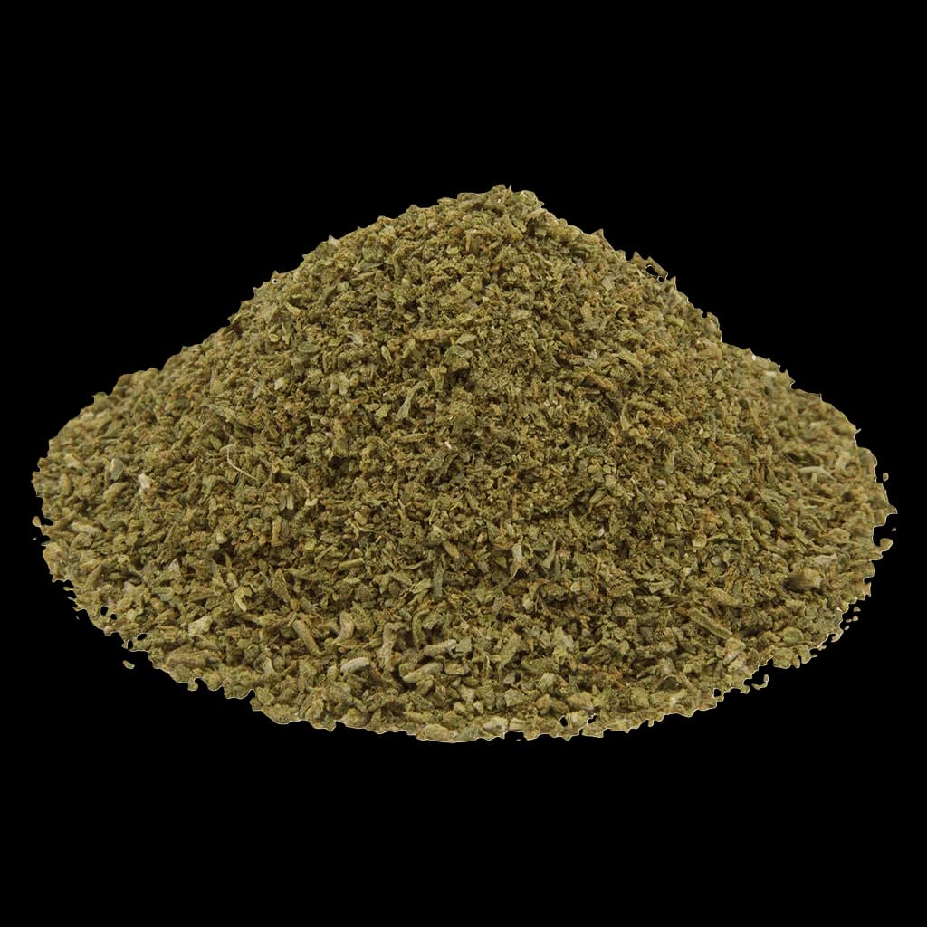 Common Ground Lemon Pave milled cannabis dried flower, finely ground texture in golden-green colour