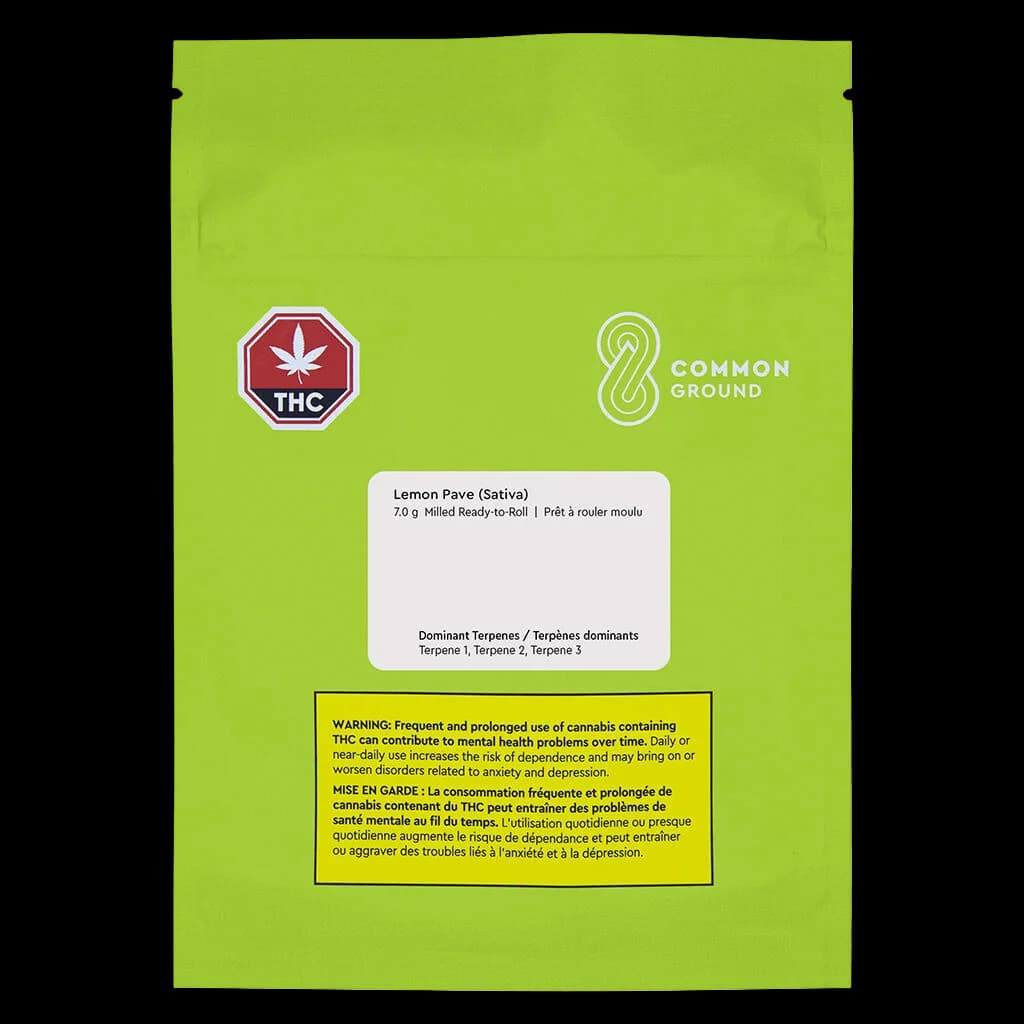 Common Ground Lemon Pave Sativa 7.0g milled ready-to-roll cannabis pre-roll package with bright green packaging