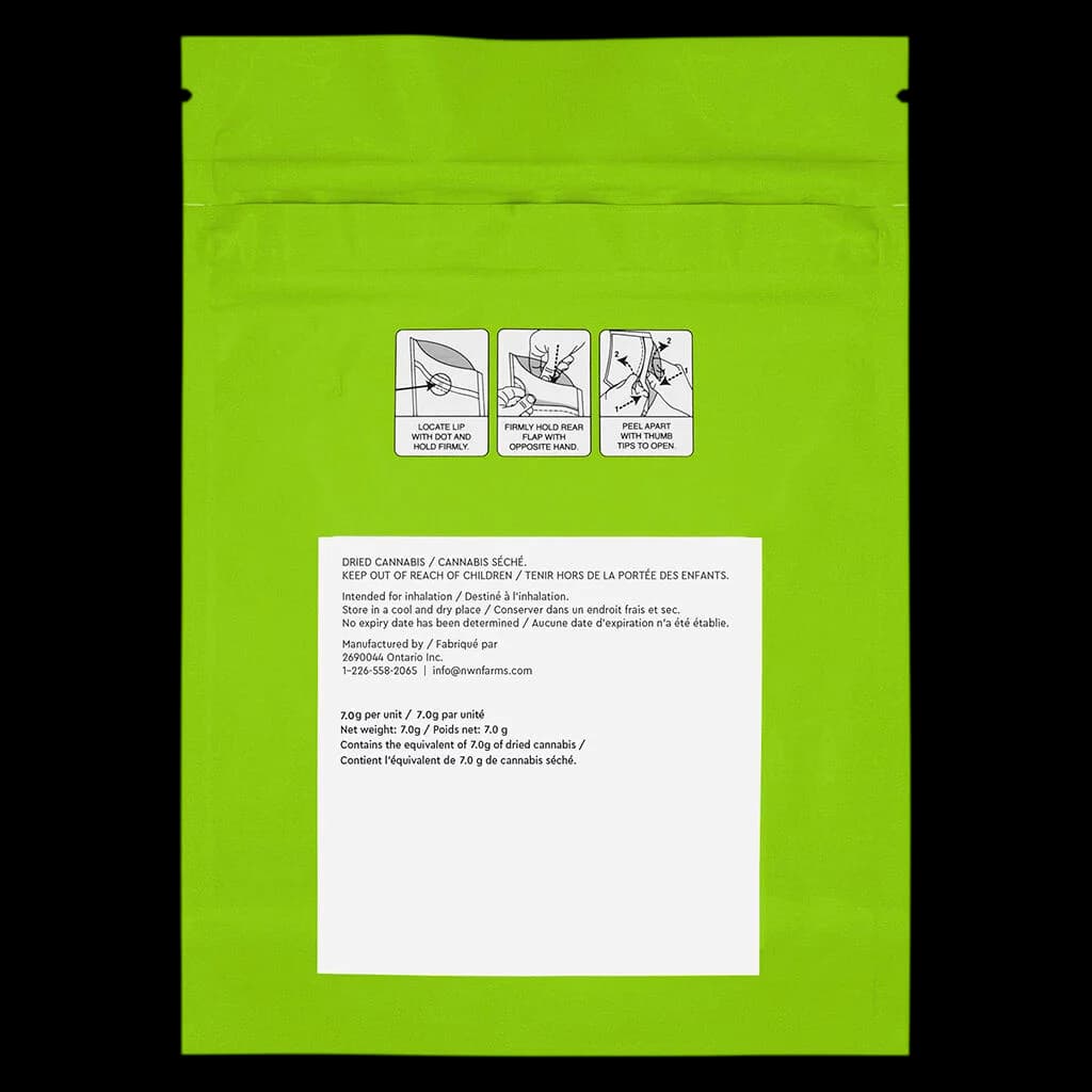 Common Ground Lemon Pave Milled Ready-to-Roll 7.0g package rear, lime green pouch with bilingual cannabis storage and usage instructions