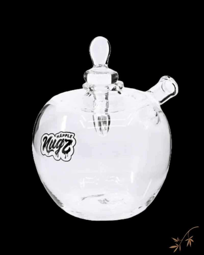 Nugz Happle Hash Pipe, clear glass spherical water pipe with carb hole and glass bowl