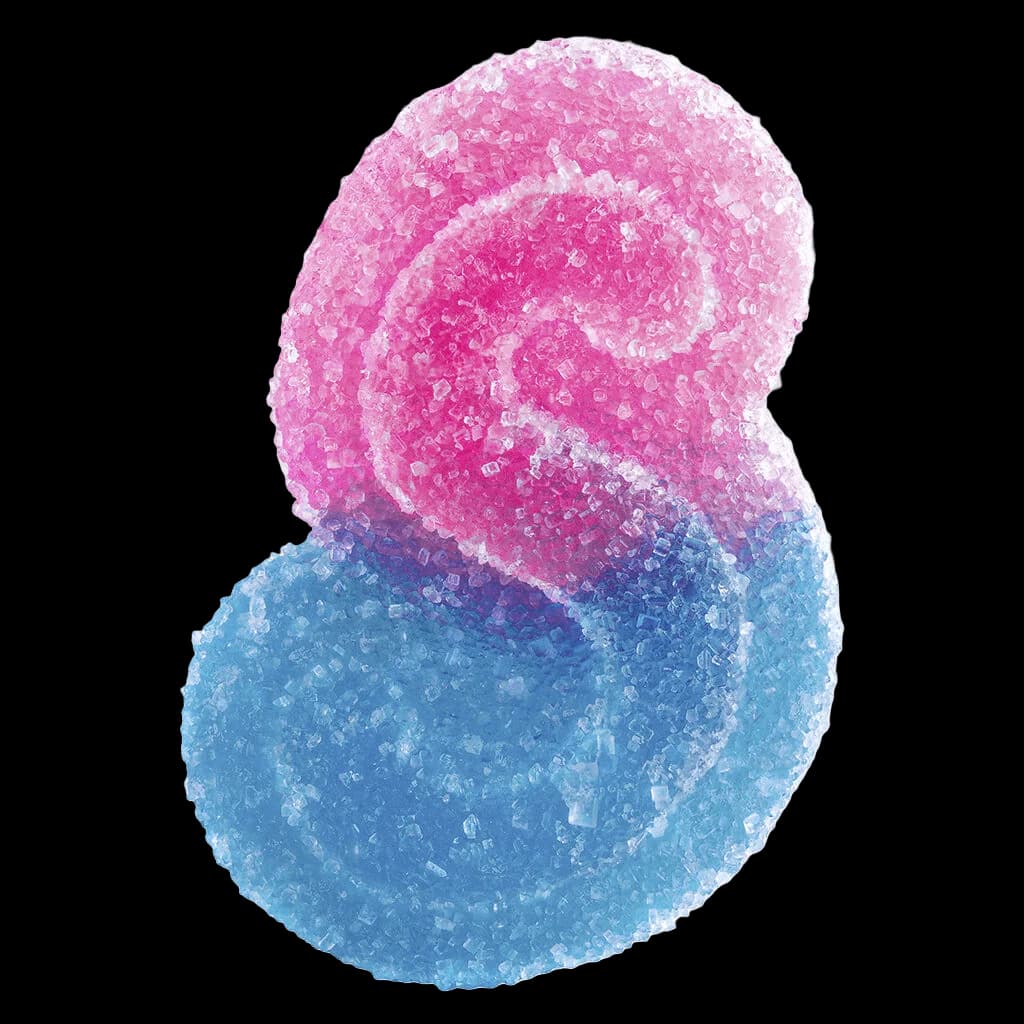 SOURZ by Spinach Fully Blasted Blue Raspberry Watermelon gummy, pink and blue sugar-coated soft chew cannabis edible