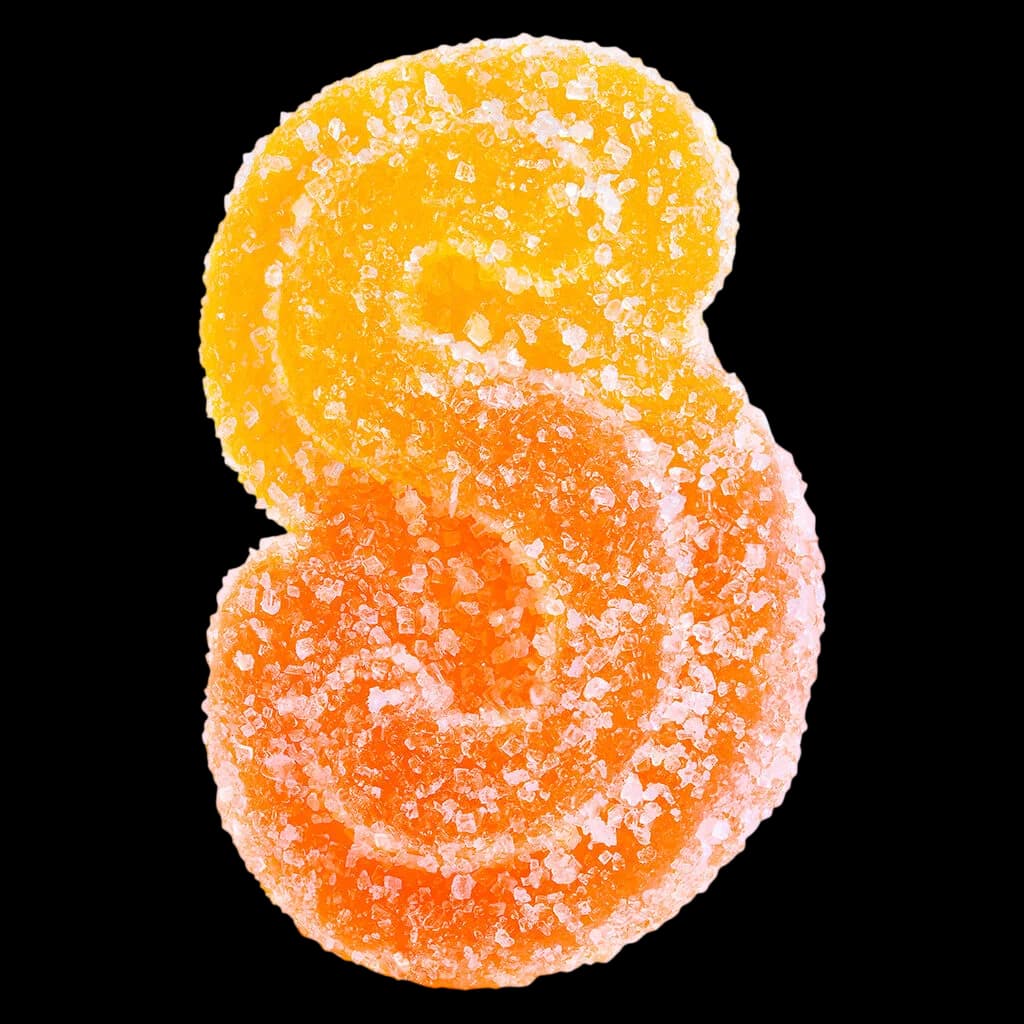 SOURZ by Spinach Peach Orange 1:1 THC:CBD gummies, two sugar-coated soft chews in yellow and orange
