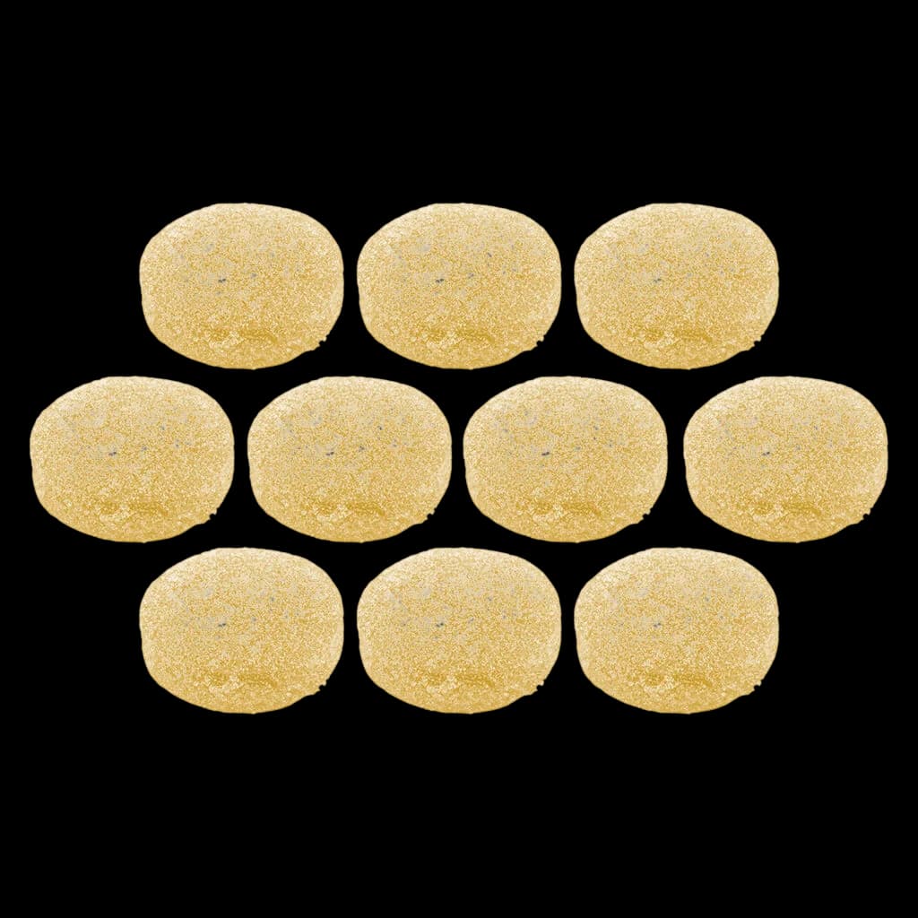 FLY NORTH Space Tokens Platinum Blueberry Live Rosin Indica 10-pack soft chews with golden sugar coating